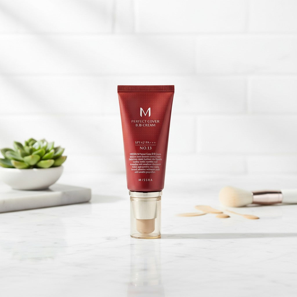 Skin TOGO Missha M Perfect Cover BB Cream in shade 13 Bright Beige, a 50ml tube with SPF42 PA+++ sun protection.