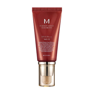 Skin TOGO Missha M Perfect Cover BB Cream in shade 13 Bright Beige with SPF42 PA+++ in a red pump tube.