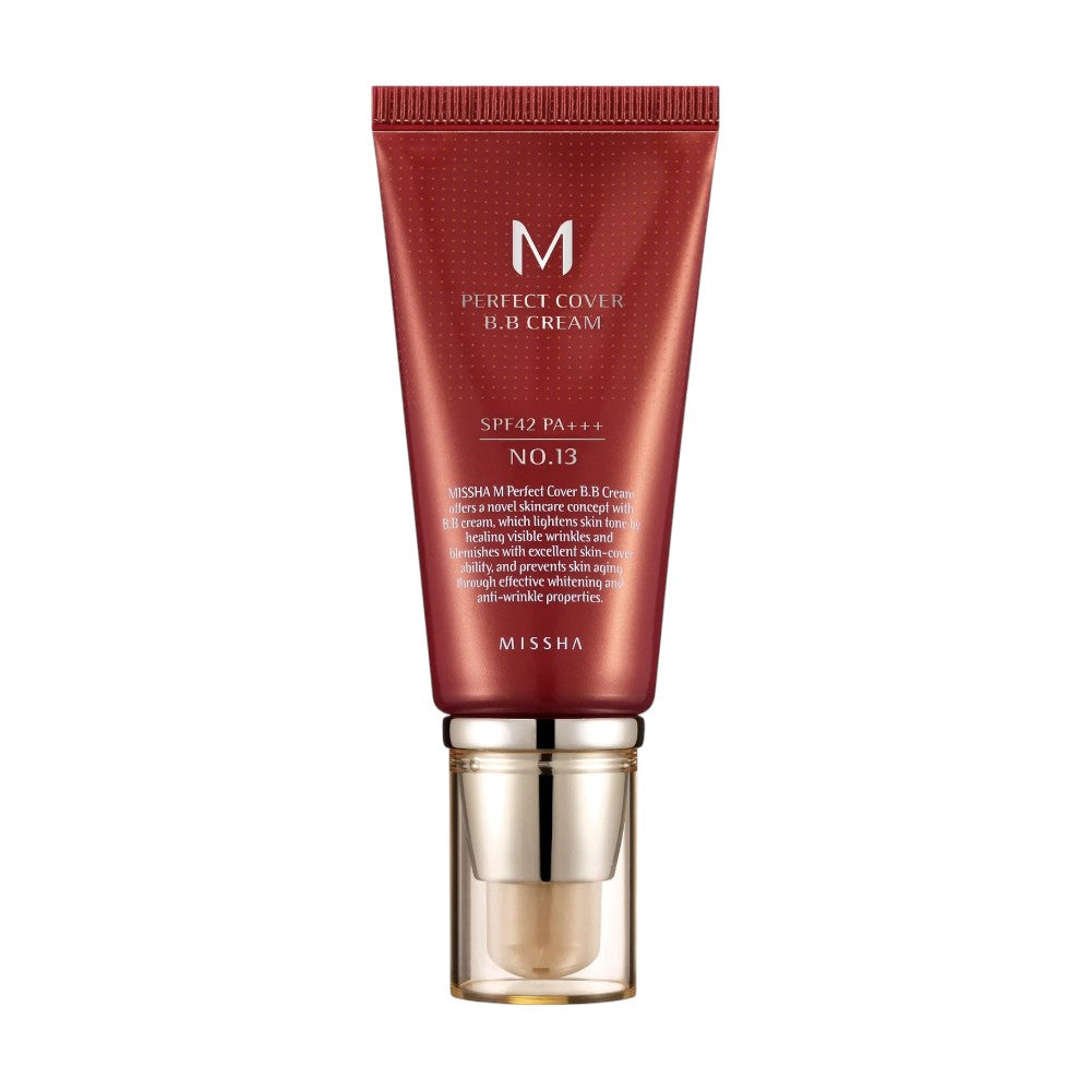 Skin TOGO Missha M Perfect Cover BB Cream in shade 13 Bright Beige with SPF42 PA+++ in a red pump tube.