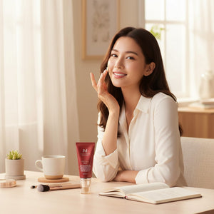 Skin TOGO Missha M Perfect Cover BB Cream #13 Bright Beige on a desk with a smiling woman applying it to her face