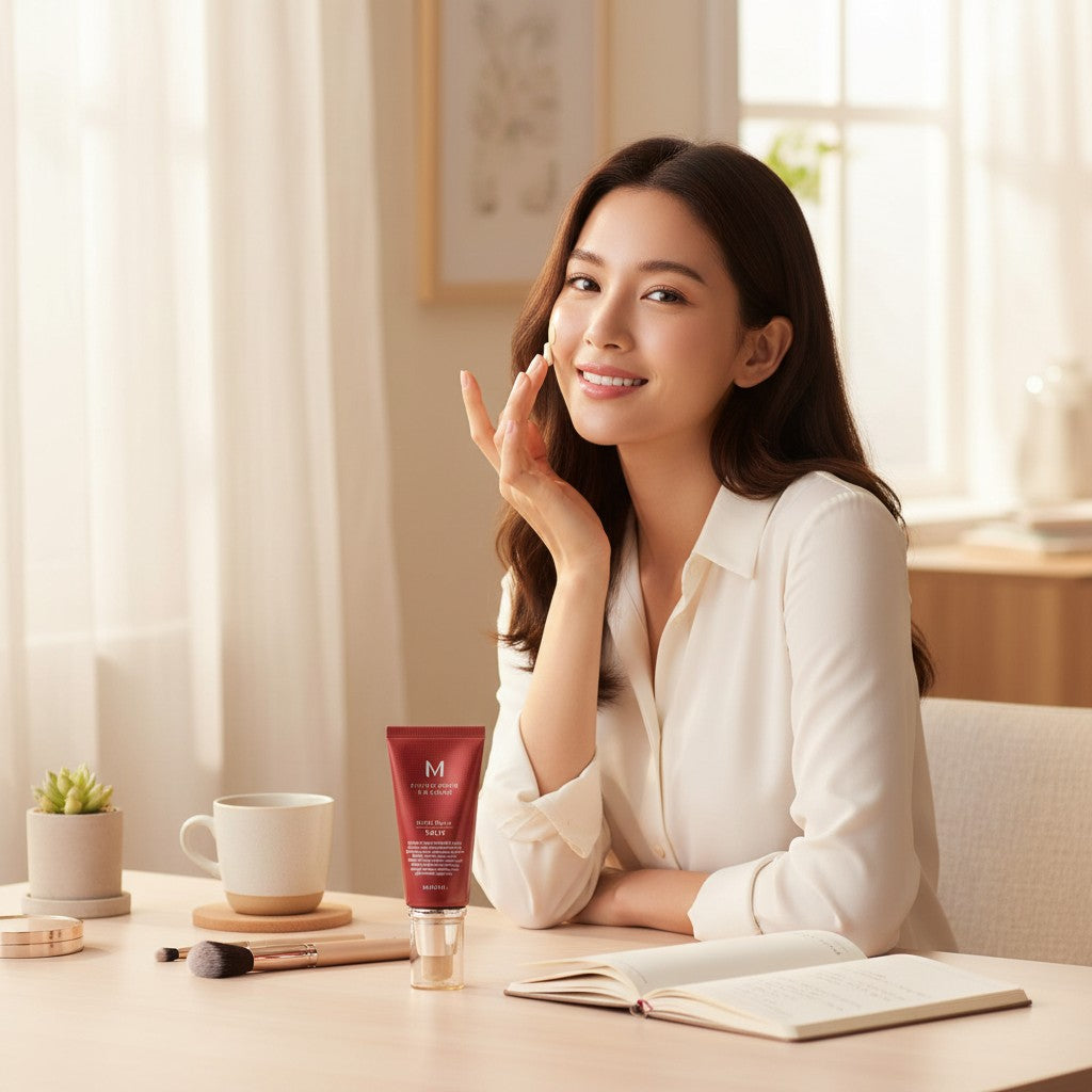 Skin TOGO Missha M Perfect Cover BB Cream #13 Bright Beige on a desk with a smiling woman applying it to her face