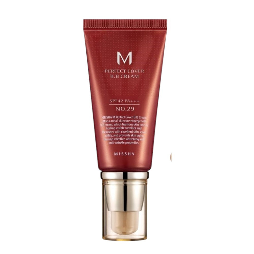 Skin TOGO Missha M Perfect Cover BB Cream in shade 29 Caramel Beige with a swatch showing the warm tone.