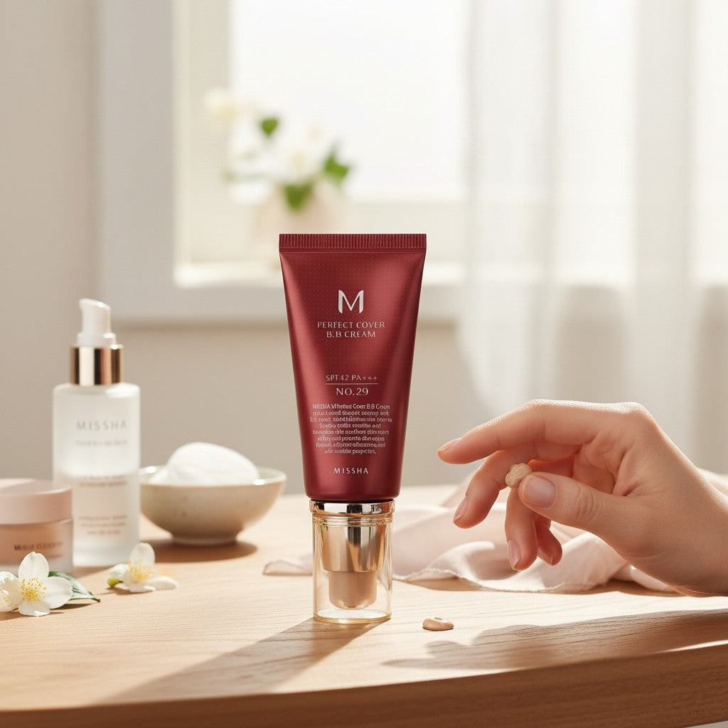 Skin TOGO Missha M Perfect Cover BB Cream in shade 29 Caramel Beige with SPF 42 PA+++ on a wooden table.