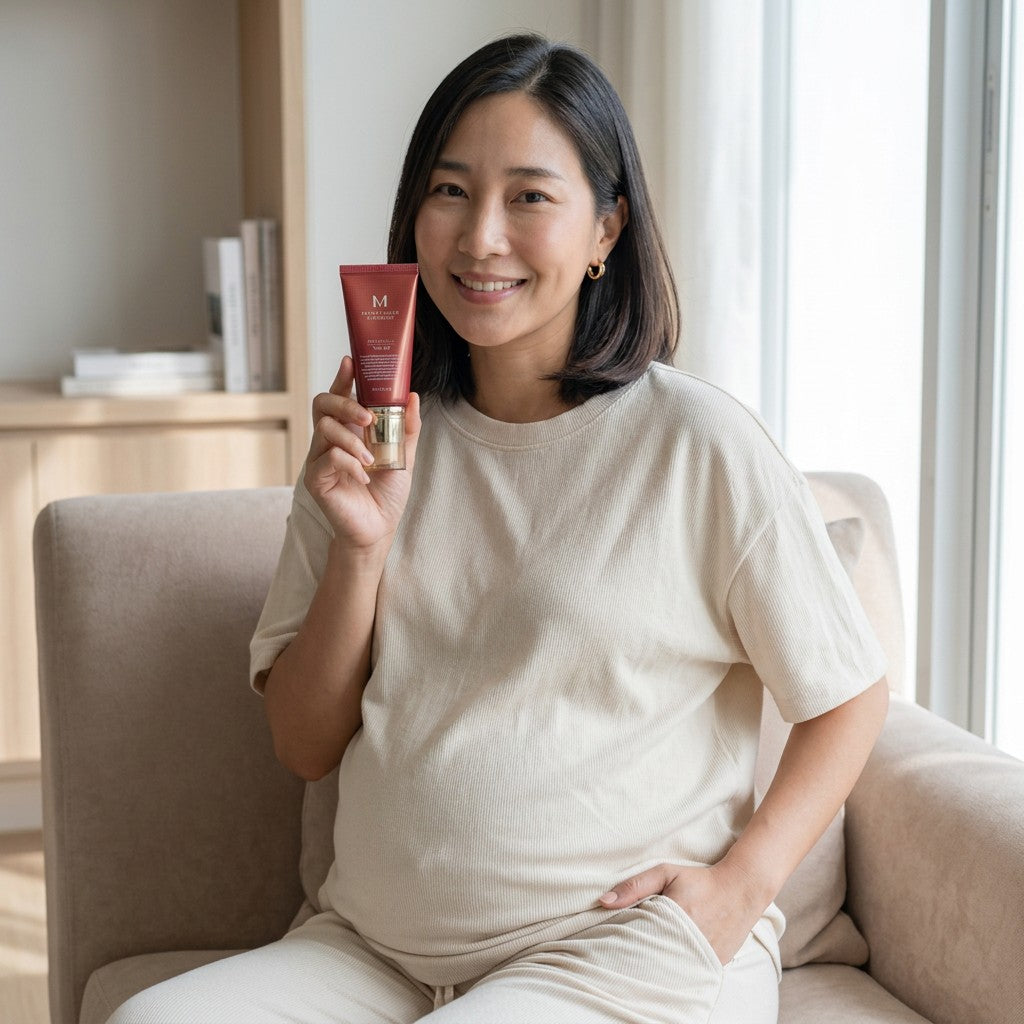 Skin TOGO model holding Missha M Perfect Cover BB Cream in shade #29 Caramel Beige while sitting on a beige sofa.