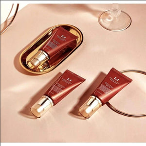 Skin TOGO Missha M Perfect Cover BB Cream tubes in shade 29 Caramel Beige with SPF 42 PA+++ on a gold tray.