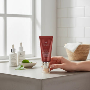 Skin TOGO Missha M Perfect Cover BB Cream in shade #29 Caramel Beige, held in hand on a bathroom counter.