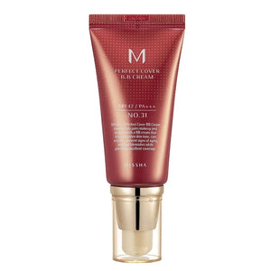 Skin TOGO Missha M Perfect Cover BB Cream in shade #31 Golden Beige with SPF42 PA+++ in a red pump tube.