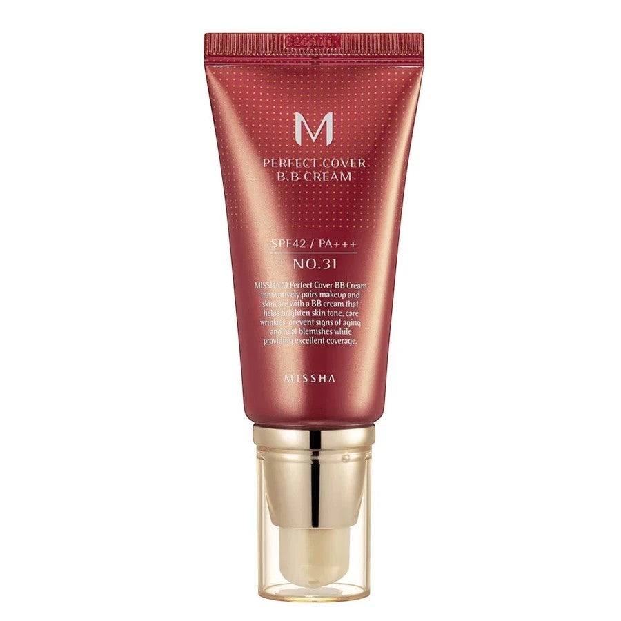 Skin TOGO Missha M Perfect Cover BB Cream in shade #31 Golden Beige with SPF42 PA+++ in a red pump tube.