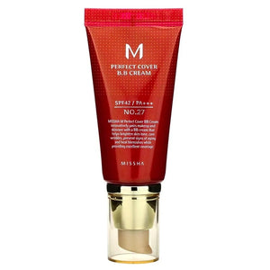 Skin TOGO Missha M Perfect Cover BB Cream in shade 27 Honey Beige with SPF42 PA+++ in a red tube with gold pump.