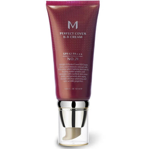 Skin TOGO Missha M Perfect Cover BB Cream in shade 21 Light Beige with SPF42 PA+++ protection in a 50ml tube.