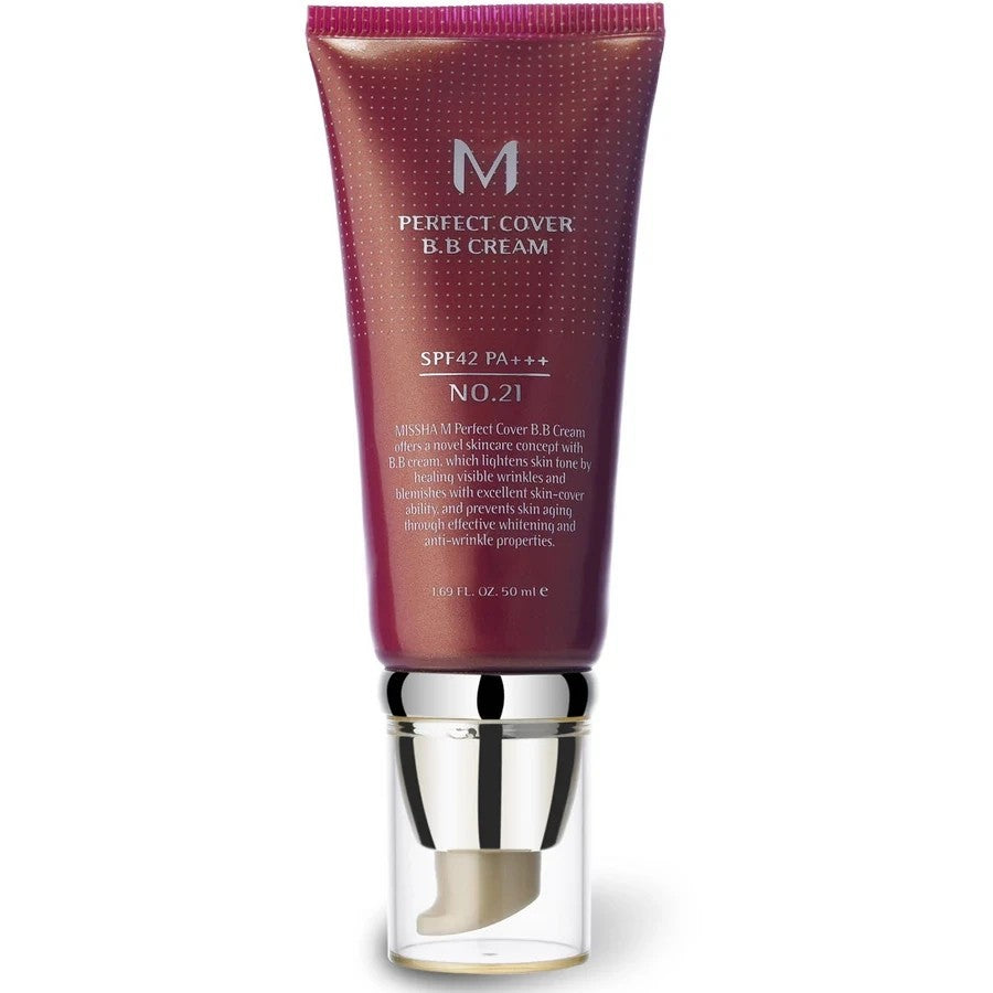 Skin TOGO Missha M Perfect Cover BB Cream in shade 21 Light Beige with SPF42 PA+++ protection in a 50ml tube.