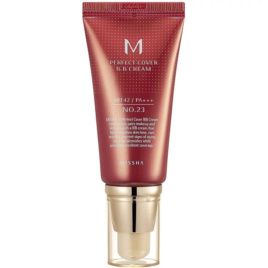Skin TOGO Missha M Perfect Cover BB Cream in shade 23 Natural Beige with SPF42 PA+++ in a red pump tube