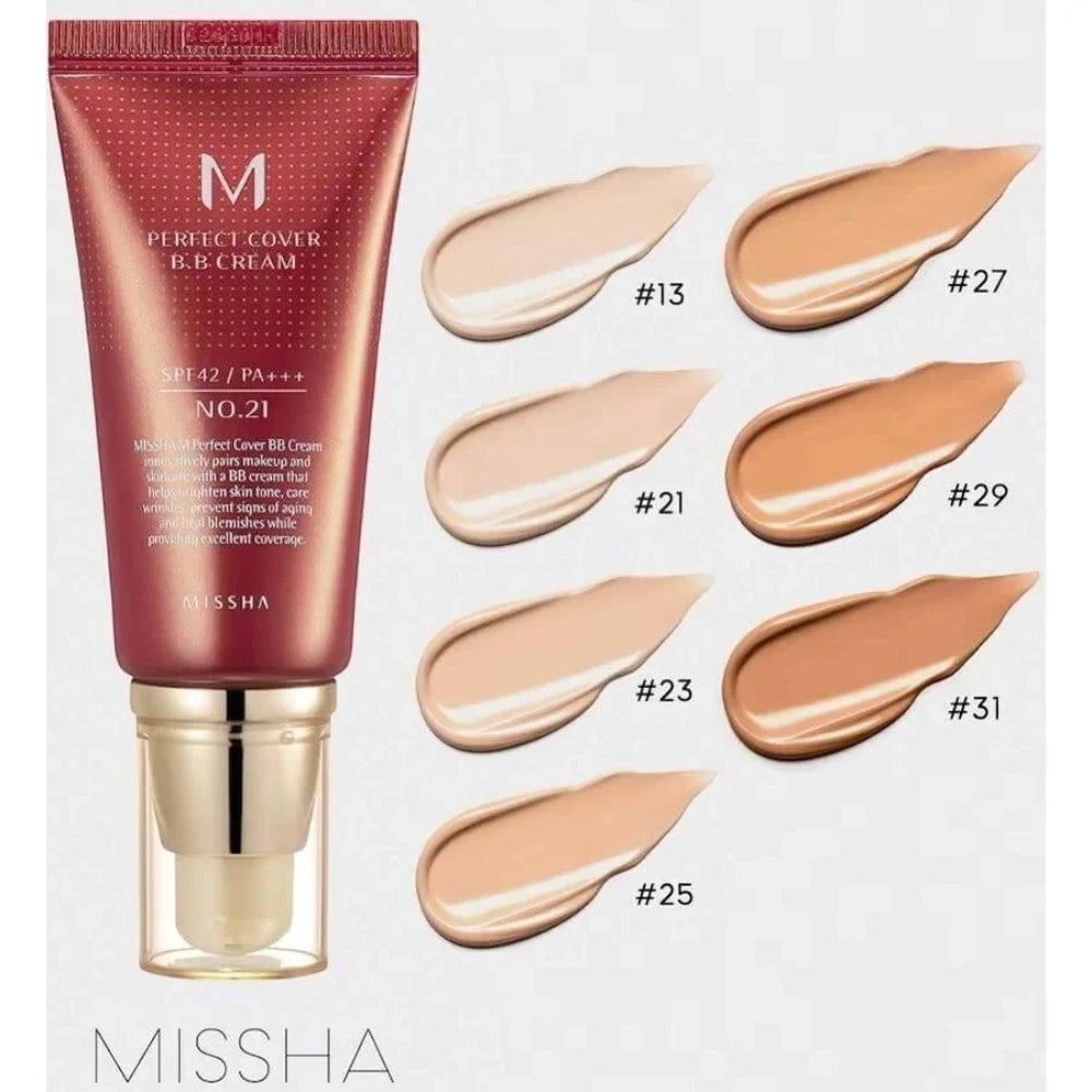 Skin TOGO Missha M Perfect Cover BB Cream tube with various shade swatches from #13 to #31 for skin tone comparison