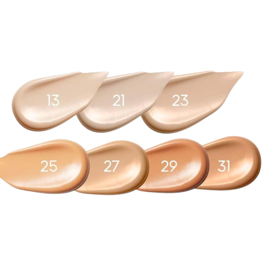 Skin TOGO Missha M Perfect Cover BB Cream swatches showing shades 13 to 31 with warm beige 25 highlighted