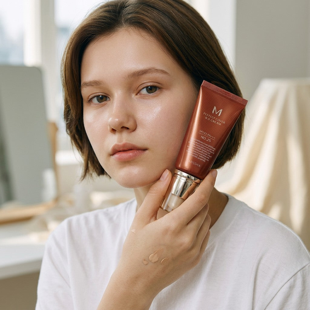 Skin TOGO model holding Missha M Perfect Cover BB Cream in shade #25 Warm Beige with a swatch on her hand