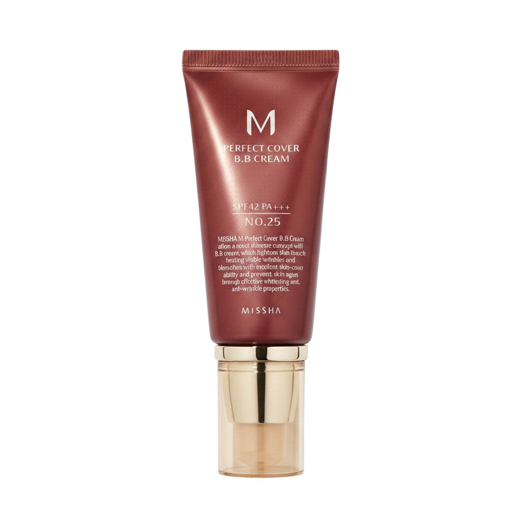 Skin TOGO Missha M Perfect Cover BB Cream in shade 25 Warm Beige with SPF 42 PA+++ in a red tube with gold cap.