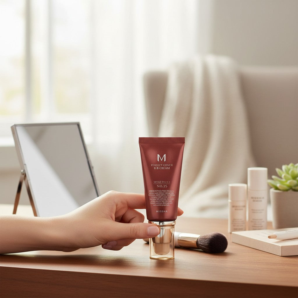 Skin TOGO Missha M Perfect Cover BB Cream in shade 25 Warm Beige held in hand on a wooden vanity table