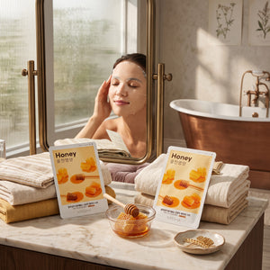 Skin TOGO Missha Airy Fit Honey sheet mask with nourishing honey extract for dry skin, shown in a bathroom setting.