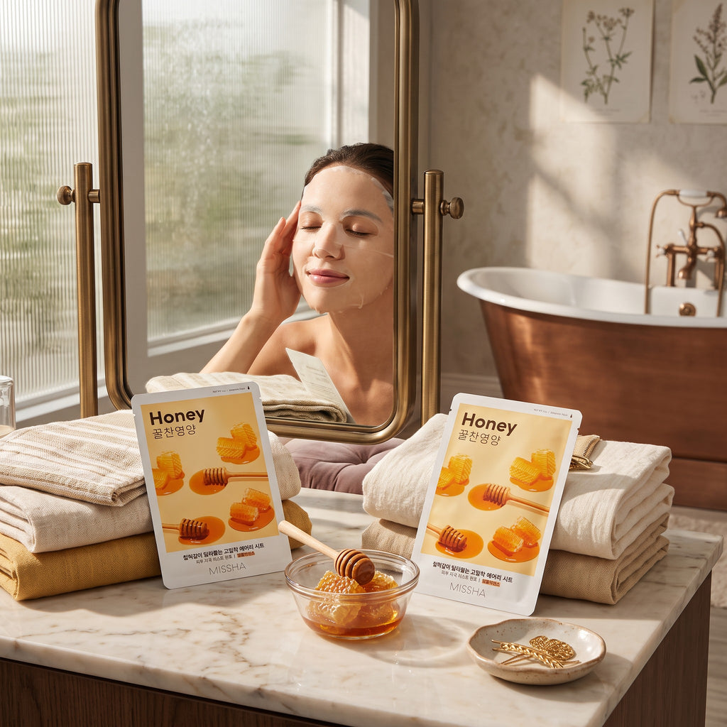 Skin TOGO Missha Airy Fit Honey sheet mask with nourishing honey extract for dry skin, shown in a bathroom setting.