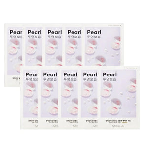 Skin TOGO Missha Airy Fit Pearl sheet masks in light purple packaging with pearl illustrations for skin brightening.