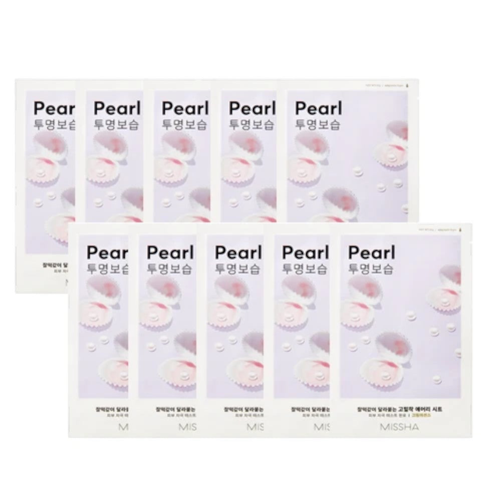 Skin TOGO Missha Airy Fit Pearl sheet masks in light purple packaging with pearl illustrations for skin brightening.