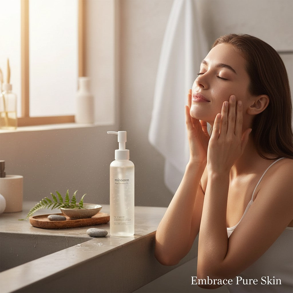 Skin TOGO Mixsoon Bean Cleansing Oil bottle next to a woman gently massaging her face in a bright, serene bathroom.