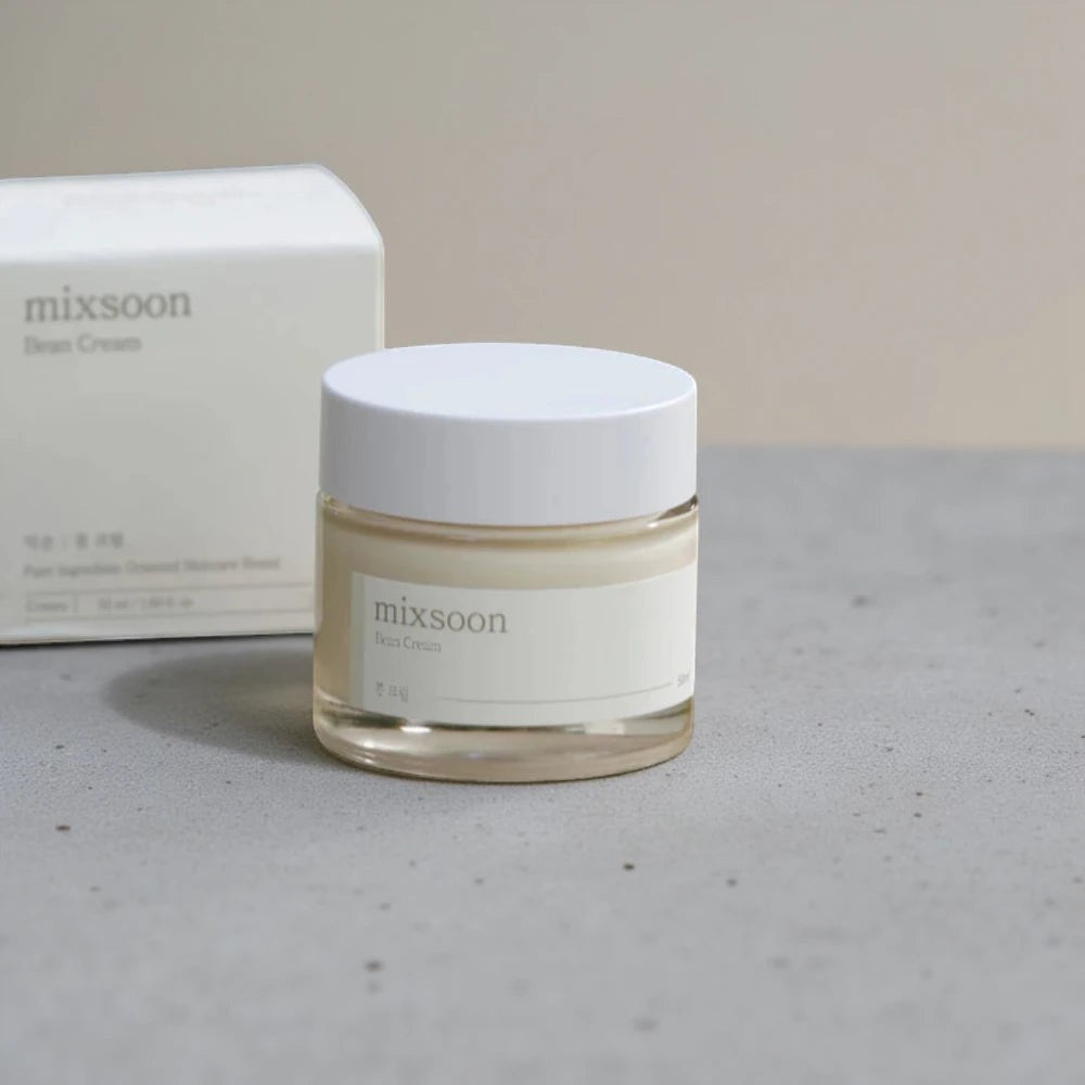 Skin TOGO Mixsoon Bean Cream in a white jar with its matching box, a vegan facial moisturizer with fermented beans.