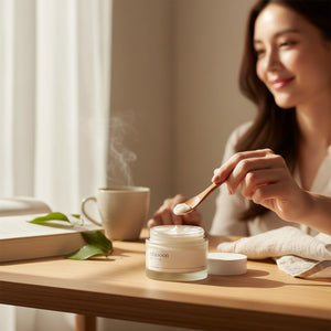 Skin TOGO Mixsoon Bean Cream in a glass jar with a wooden spoon, held by a woman in a serene, sunlit setting.