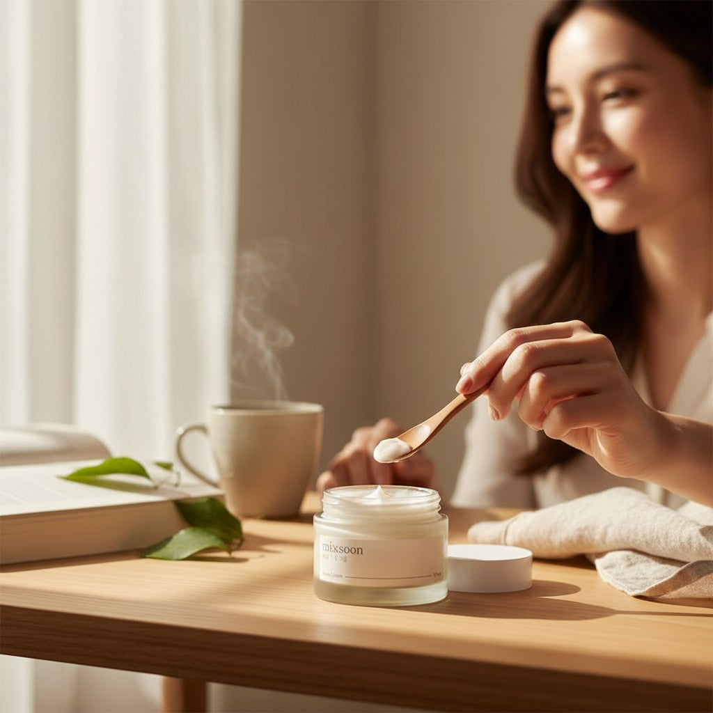 Skin TOGO Mixsoon Bean Cream in a glass jar with a wooden spoon, held by a woman in a serene, sunlit setting.