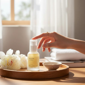 Skin TOGO Mixsoon Bean Essence bottle on a wooden tray with white flowers and a hand reaching for the pump dispenser
