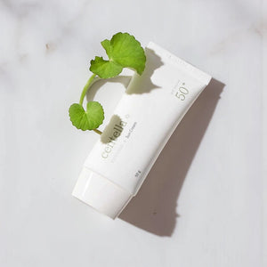 Skin TOGO Mixsoon Centella Sun Cream SPF 50+ in a white tube decorated with a fresh green centella leaf.
