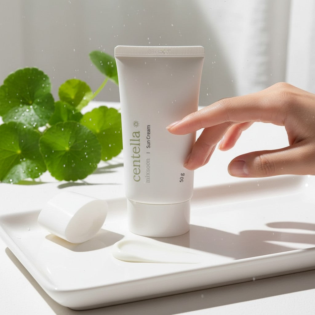 Skin TOGO Mixsoon Centella Sun Cream in a white tube with a dollop of cream on a tray next to fresh centella leaves