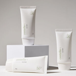 Skin TOGO Mixsoon Centella Sun Cream 50g tubes featuring SPF 50+ protection in a minimalist studio setting.