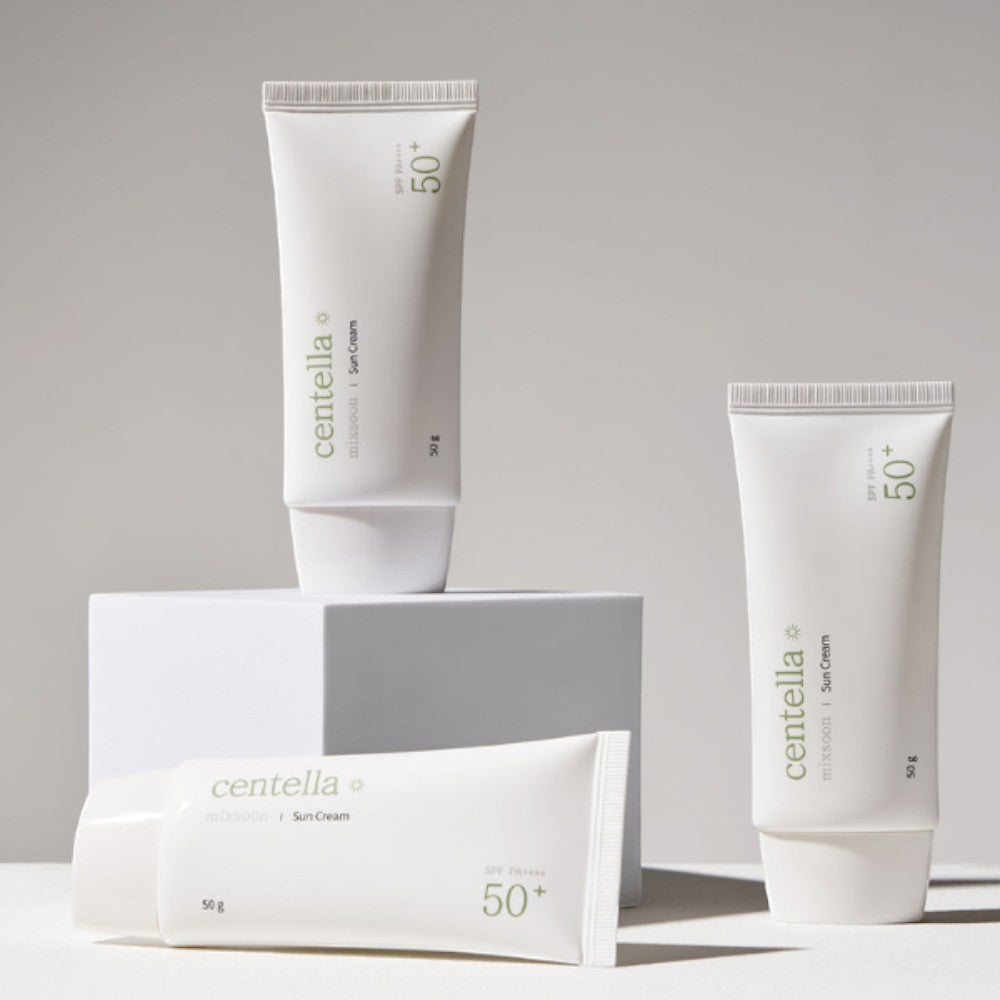 Skin TOGO Mixsoon Centella Sun Cream 50g tubes featuring SPF 50+ protection in a minimalist studio setting.
