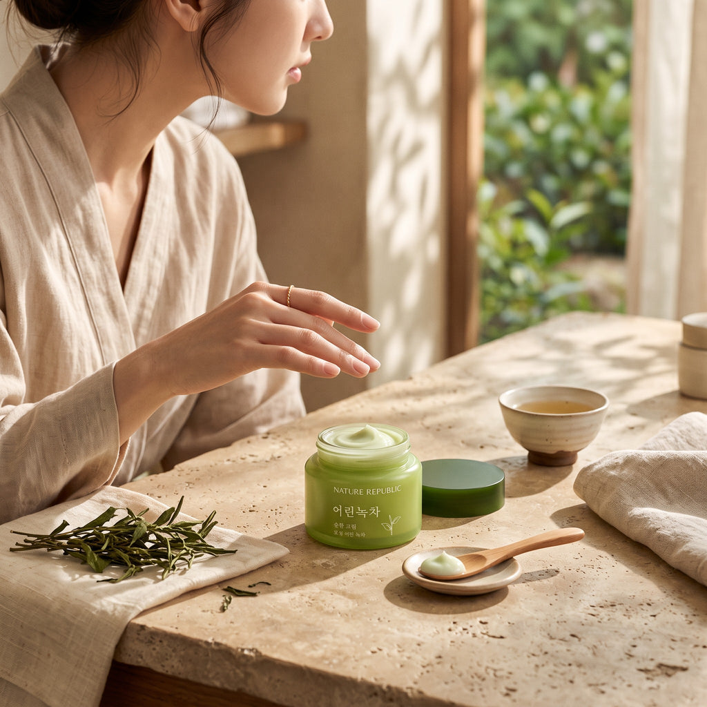 Skin TOGO Nature Republic Young Green Tea Mild Cream in a green jar on a table with tea leaves and a wooden spoon