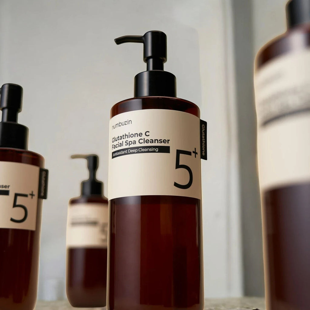 Skin TOGO Numbuzin No.5+ Glutathione Vitamin Facial Spa Cleanser in brown pump bottles for brightening skin