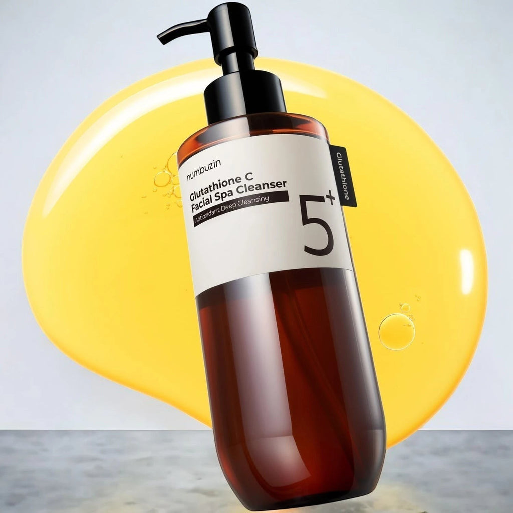 Skin TOGO Numbuzin No.5+ Glutathione Vitamin Facial Spa Cleanser in a brown pump bottle with a yellow liquid splash.