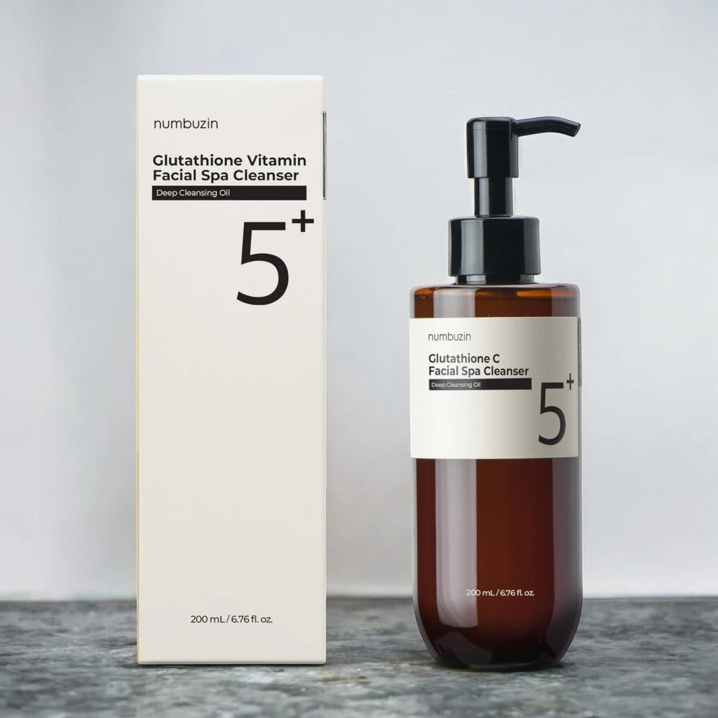 Skin TOGO Numbuzin No.5+ Glutathione Vitamin Facial Spa Cleanser bottle and packaging box on a grey surface.