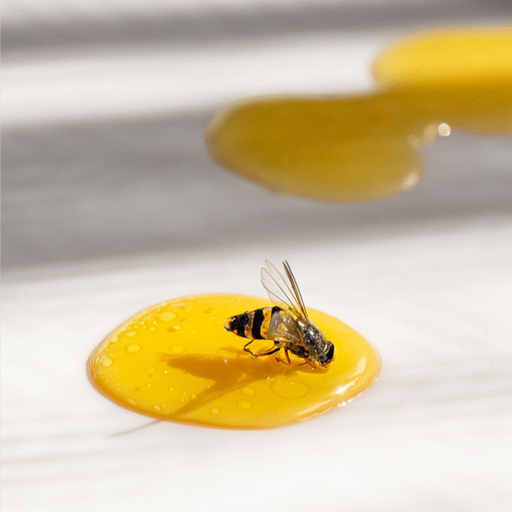 Skin TOGO Propolis Solution Mask Pack features a bee resting on a golden drop of propolis extract on a white surface.