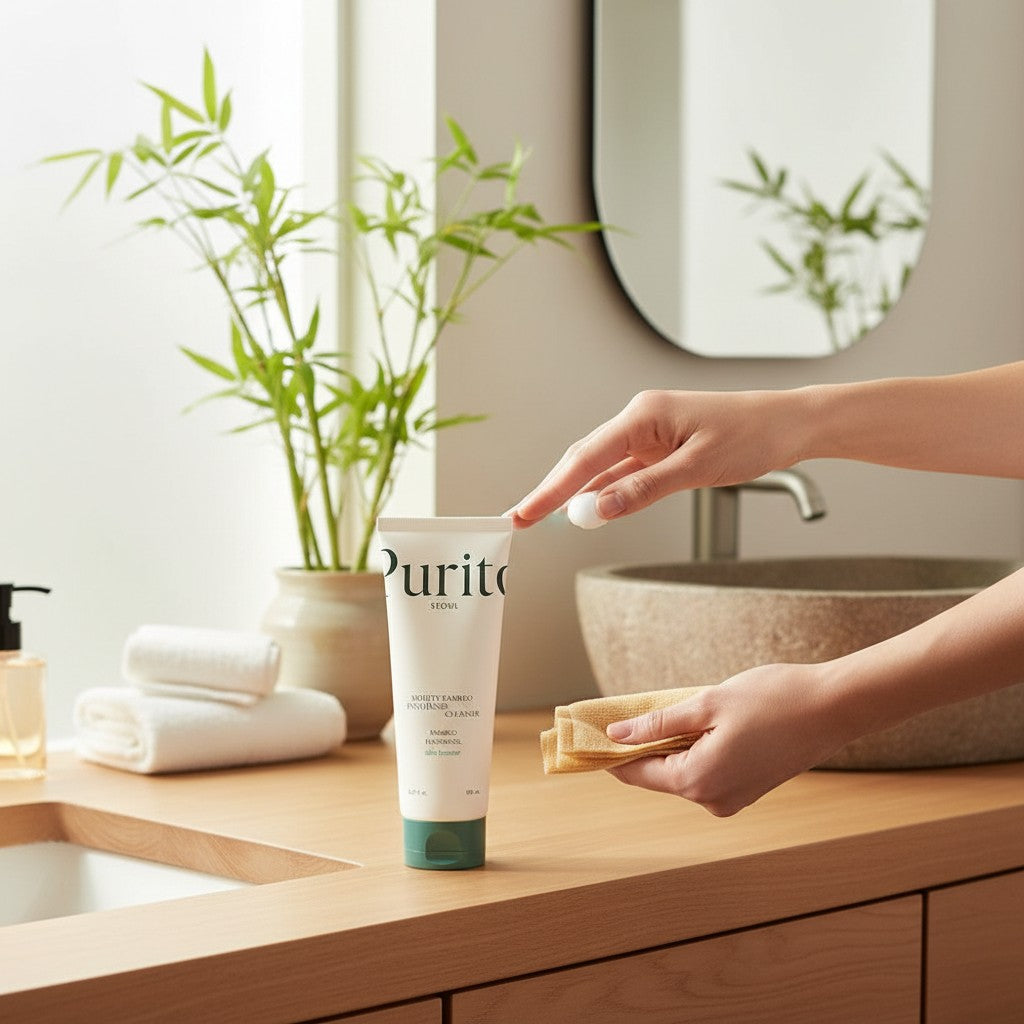 Skin TOGO Purito Mighty Bamboo Panthenol Cleanser tube on a wooden bathroom counter with a small bamboo plant.