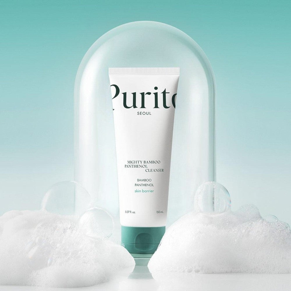 Skin TOGO Purito Mighty Bamboo Panthenol Cleanser tube surrounded by soap bubbles under a glass dome