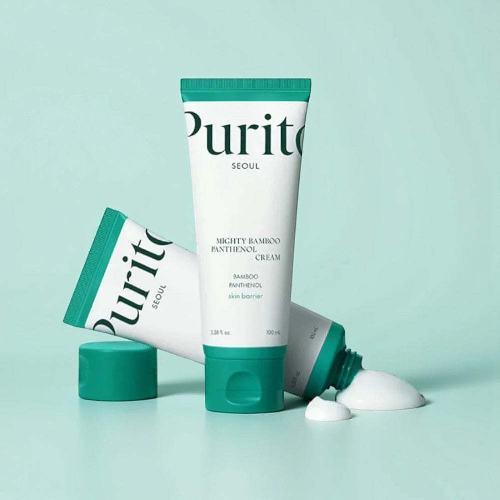 Skin TOGO Purito Mighty Bamboo Panthenol Cream in a white tube with green cap, featuring a light gel-cream texture.