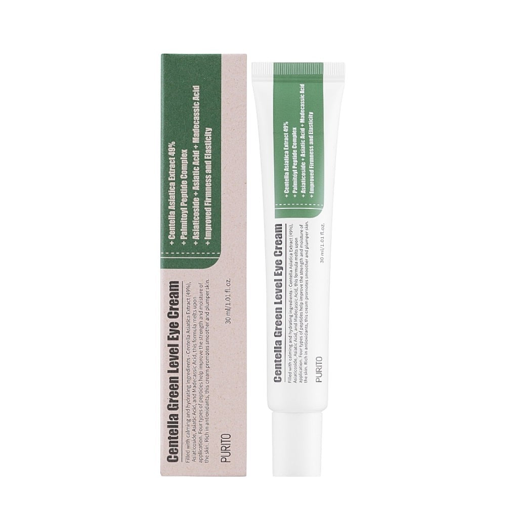 Skin TOGO Purito Centella Green Level Eye Cream tube and box featuring soothing centella asiatica and peptides.