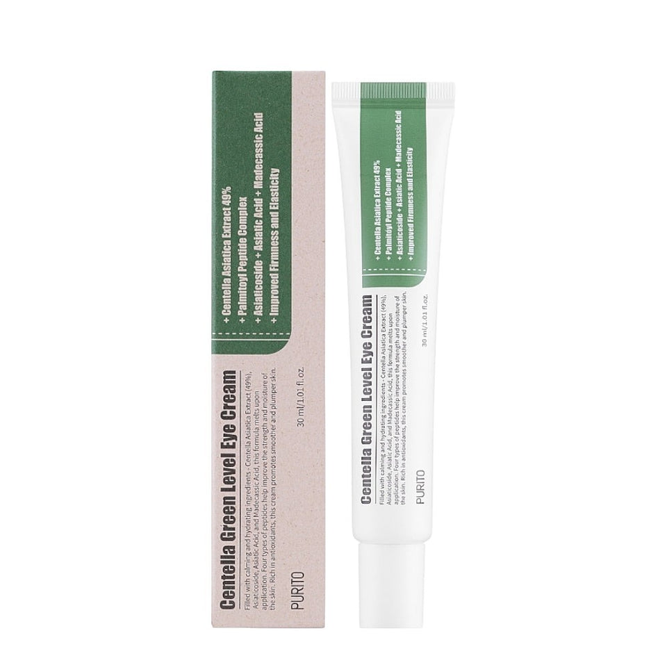 Skin TOGO Purito Centella Green Level Eye Cream tube and box featuring soothing centella asiatica and peptides.