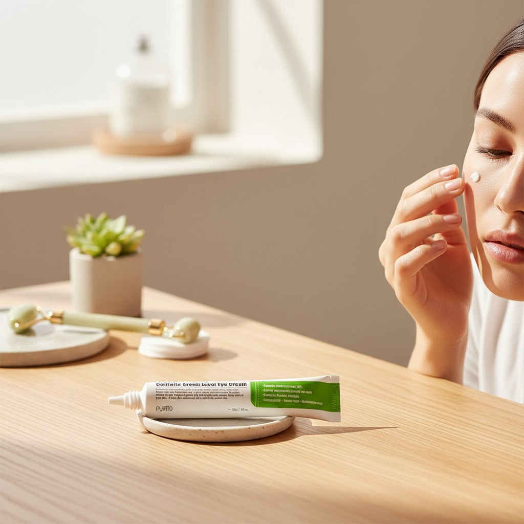 Skin TOGO Purito Centella Green Level eye cream tube on a wooden table with a woman applying cream to her under-eye area.