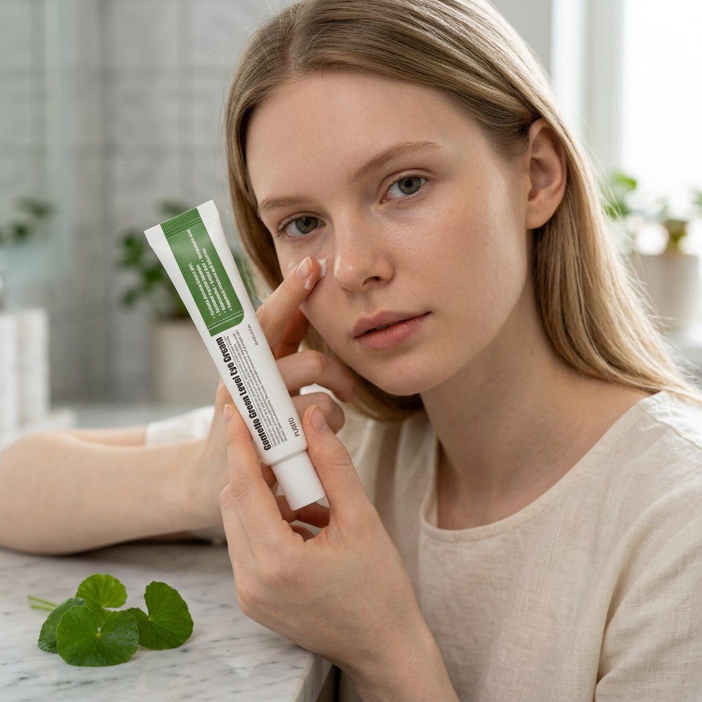 Skin TOGO model applying Purito Centella Green Level eye cream to her under-eye area in a bright bathroom setting.