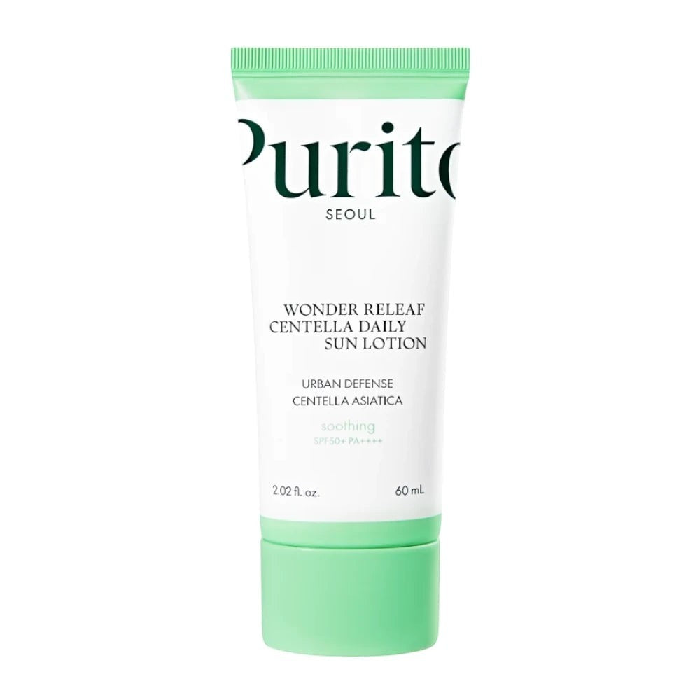 Skin TOGO Purito Wonder Releaf Centella Daily Sun Cream in a white tube with a light green cap, 60ml SPF50+ PA++++