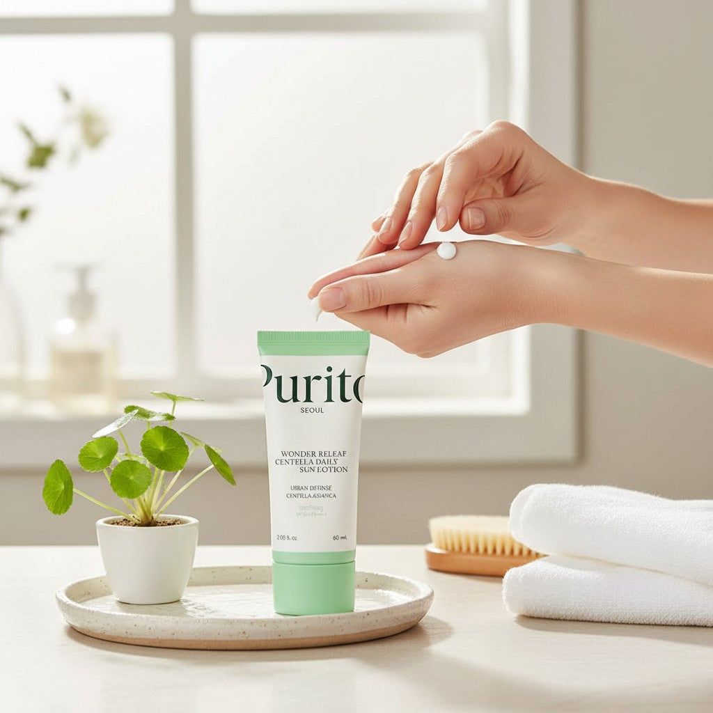 Skin TOGO Purito Wonder Releaf Centella Daily Sun Cream tube with hands applying white lotion, set on a bright table.
