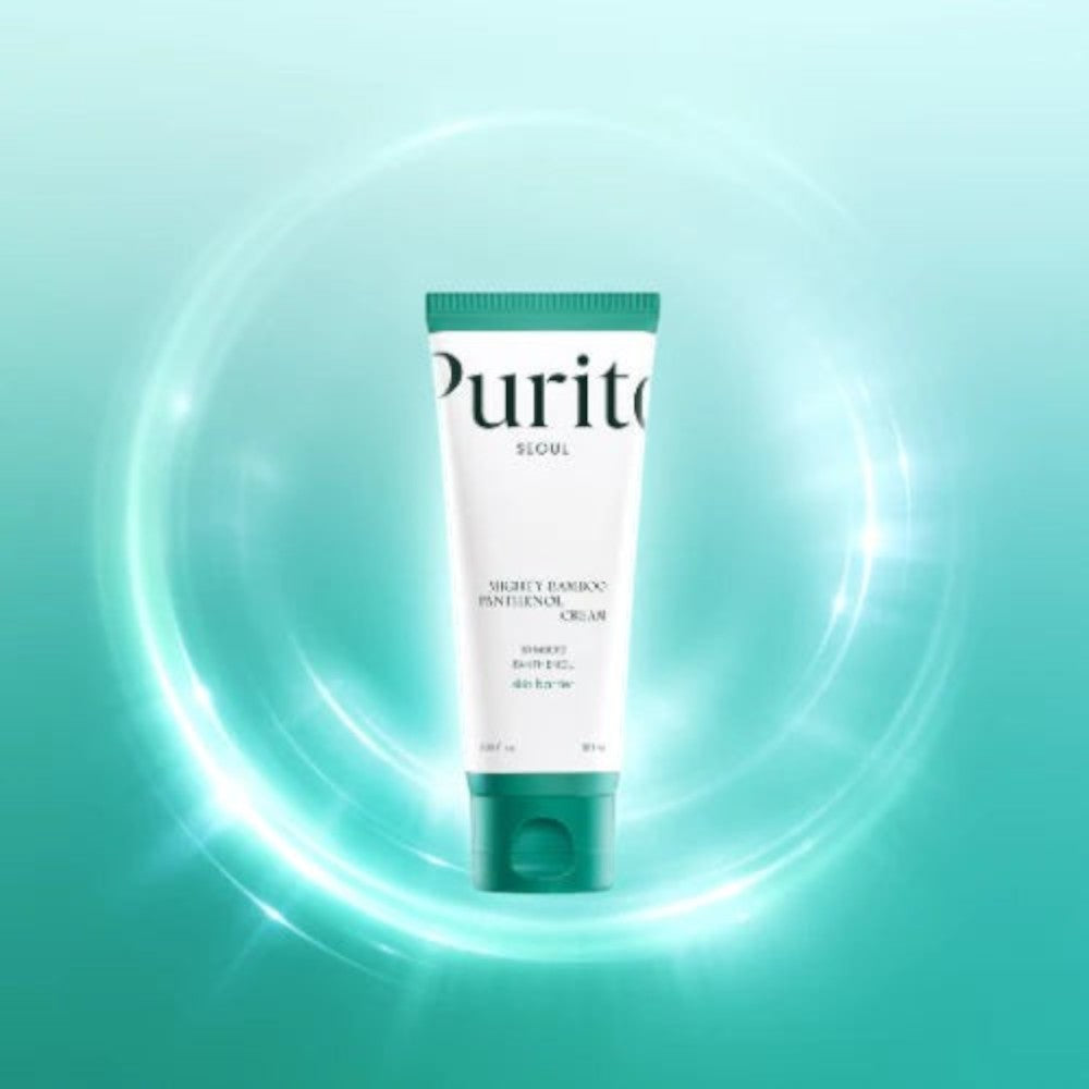 Skin TOGO Purito Mighty Bamboo Panthenol Cream in a white tube with green cap, set against a glowing teal background.