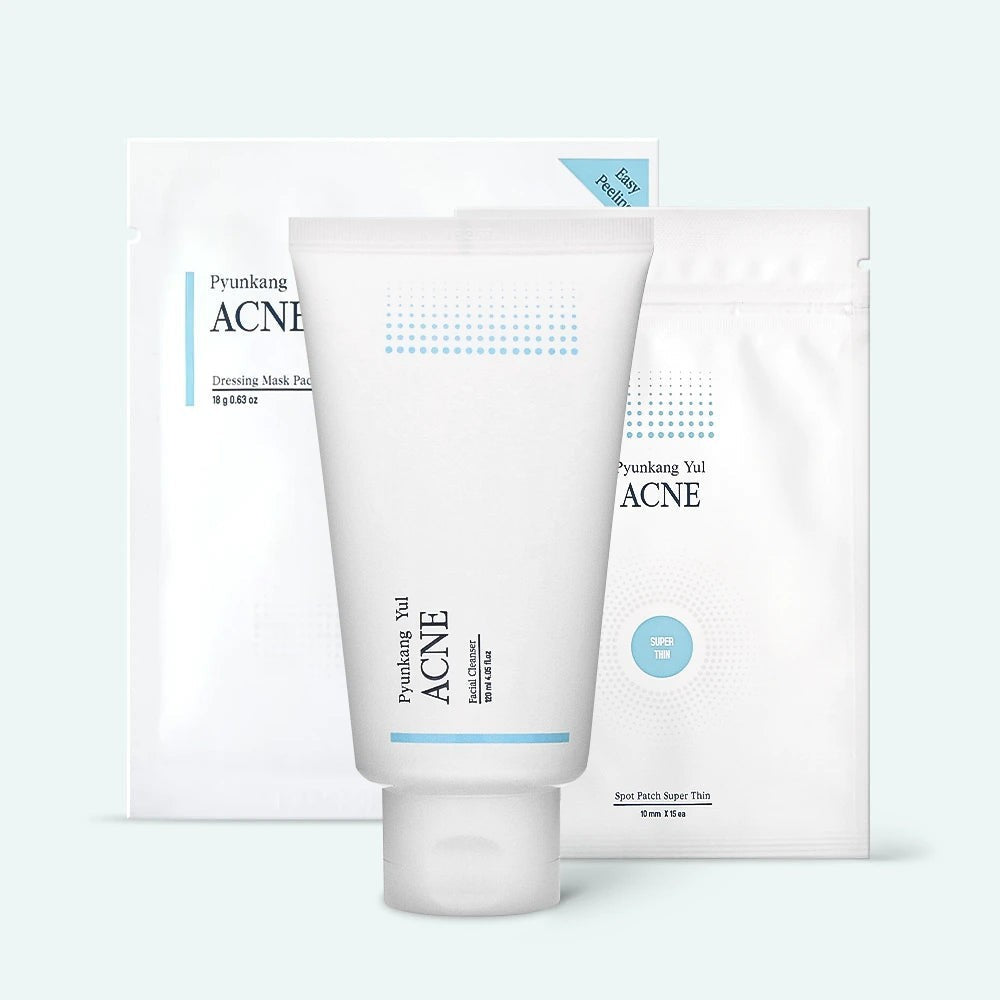 Skin TOGO Pyunkang Yul ACNE facial cleanser tube with acne dressing mask and spot patches on a light background.